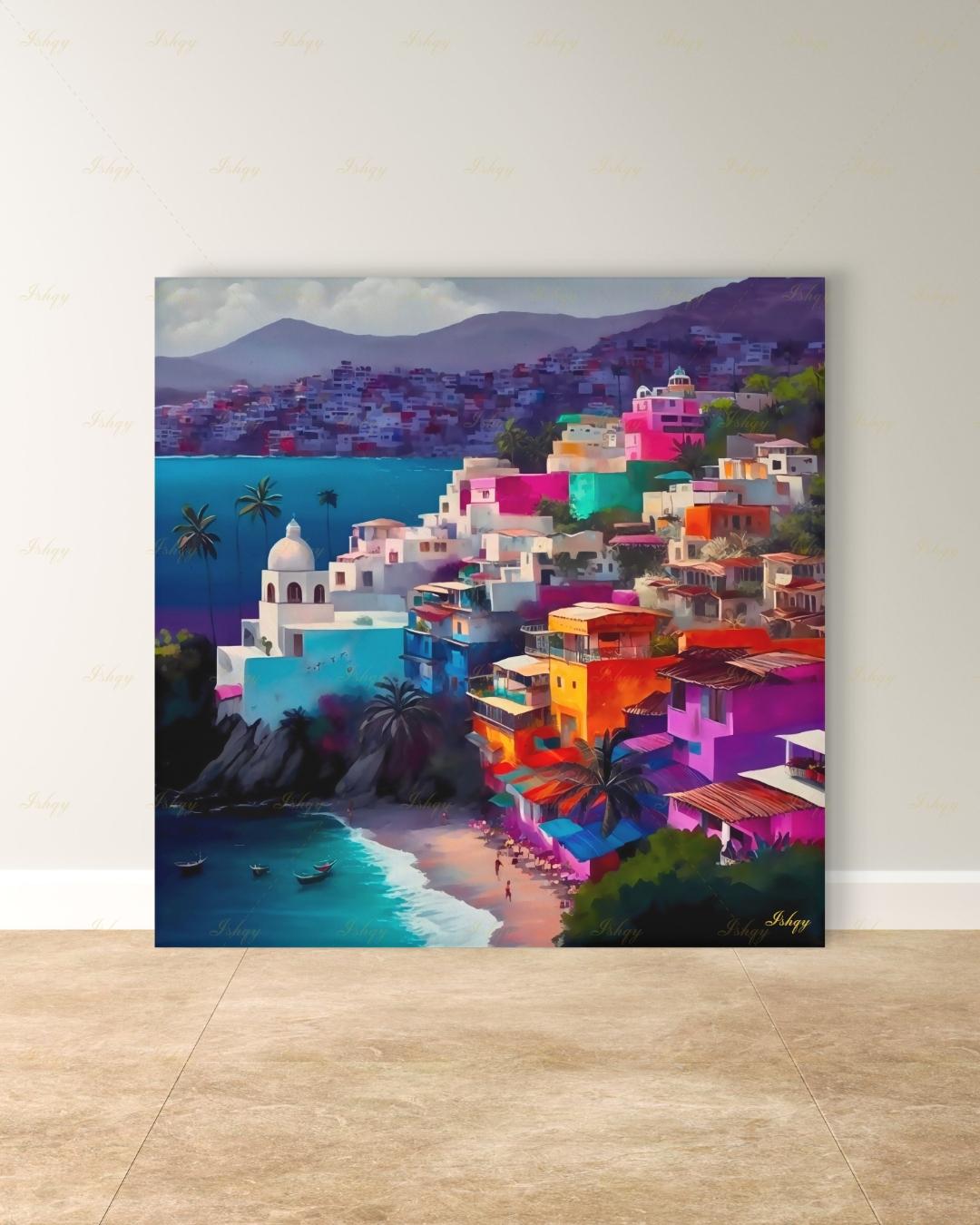 Acapulco Mexico Canvas Wall Art, Colorful Coastal Town Framed Canvas Print, Vibrant Mexican Beach Cityscape Oil Painting, Living Room Decor