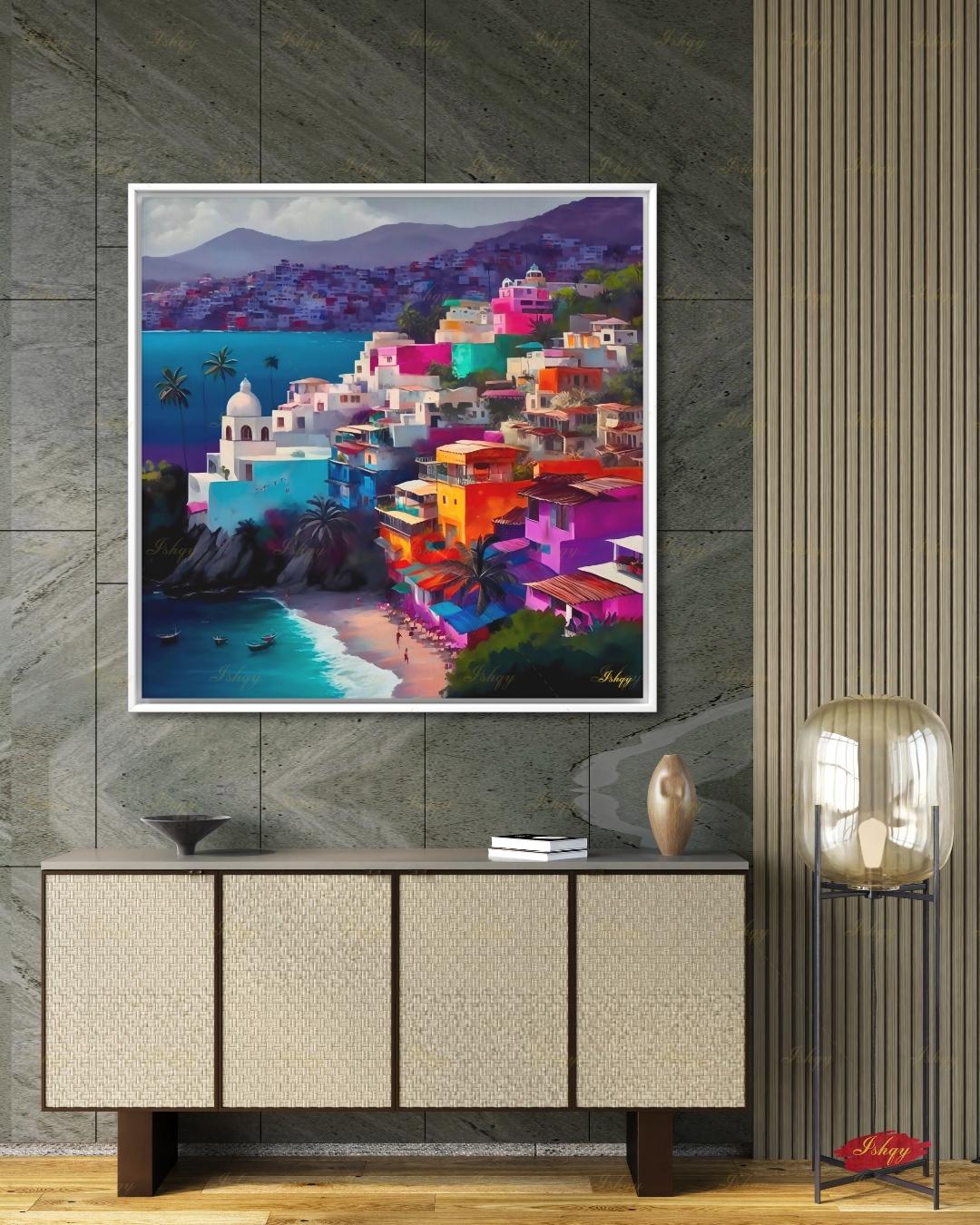 Acapulco Mexico Canvas Wall Art, Colorful Coastal Town Framed Canvas Print, Vibrant Mexican Beach Cityscape Oil Painting, Living Room Decor