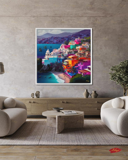 Acapulco Mexico Canvas Wall Art, Colorful Coastal Town Framed Canvas Print, Vibrant Mexican Beach Cityscape Oil Painting, Living Room Decor
