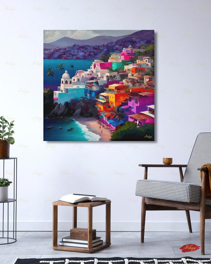 Acapulco Mexico Canvas Wall Art, Colorful Coastal Town Framed Canvas Print, Vibrant Mexican Beach Cityscape Oil Painting, Living Room Decor