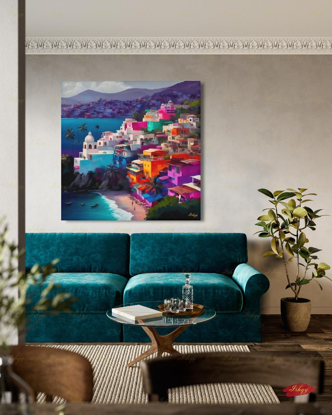 Acapulco Mexico Canvas Wall Art, Colorful Coastal Town Framed Canvas Print, Vibrant Mexican Beach Cityscape Oil Painting, Living Room Decor