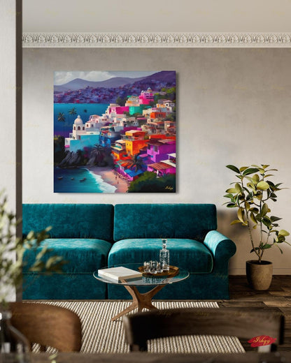 Acapulco Mexico Canvas Wall Art, Colorful Coastal Town Framed Canvas Print, Vibrant Mexican Beach Cityscape Oil Painting, Living Room Decor