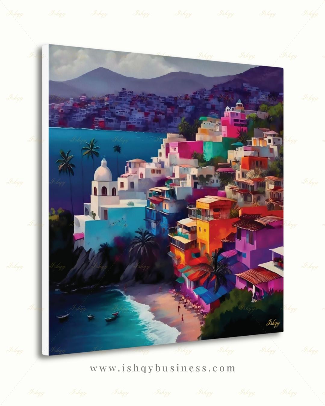 Acapulco Mexico Canvas Wall Art, Colorful Coastal Town Framed Canvas Print, Vibrant Mexican Beach Cityscape Oil Painting, Living Room Decor