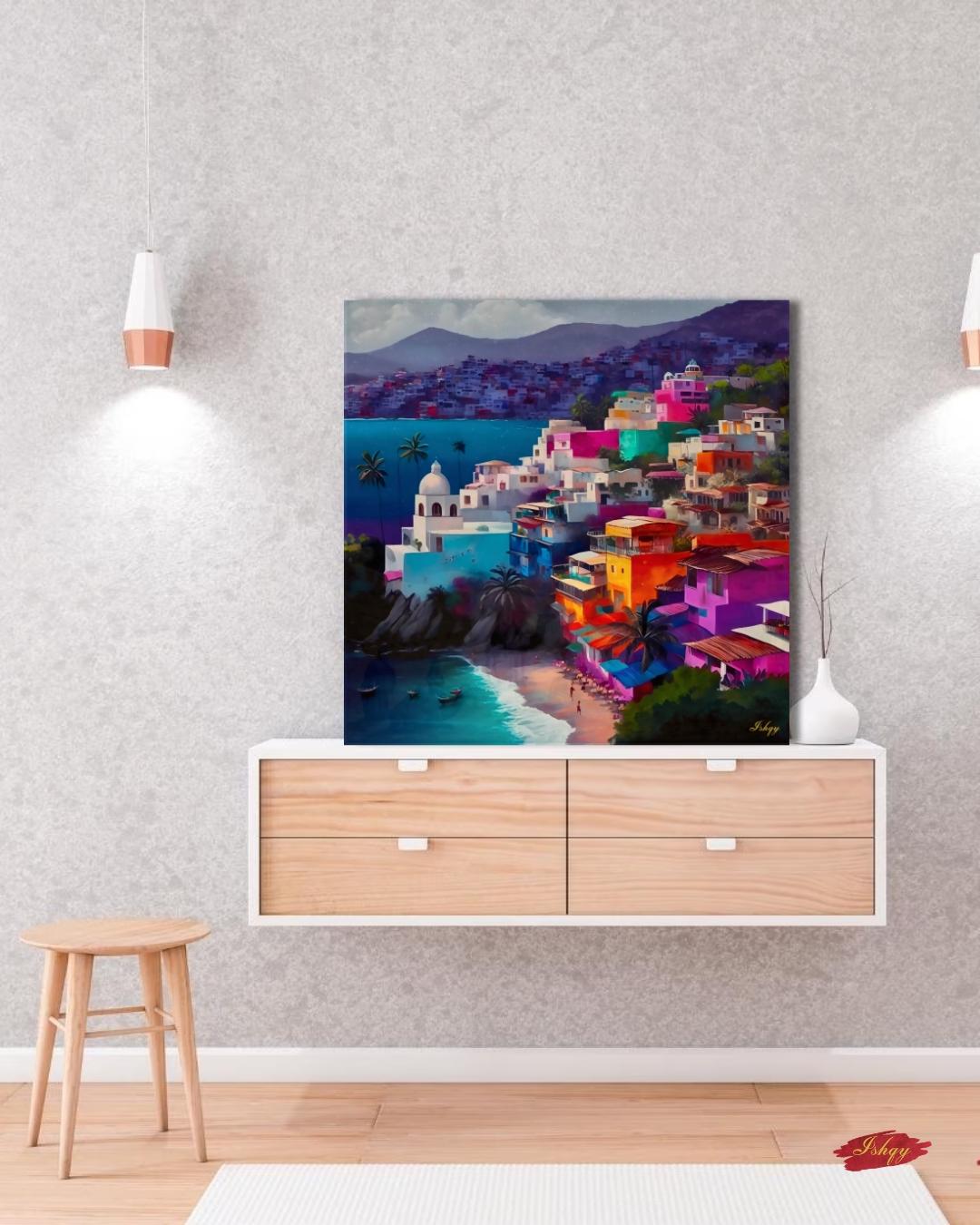 Acapulco Mexico Canvas Wall Art, Colorful Coastal Town Framed Canvas Print, Vibrant Mexican Beach Cityscape Oil Painting, Living Room Decor