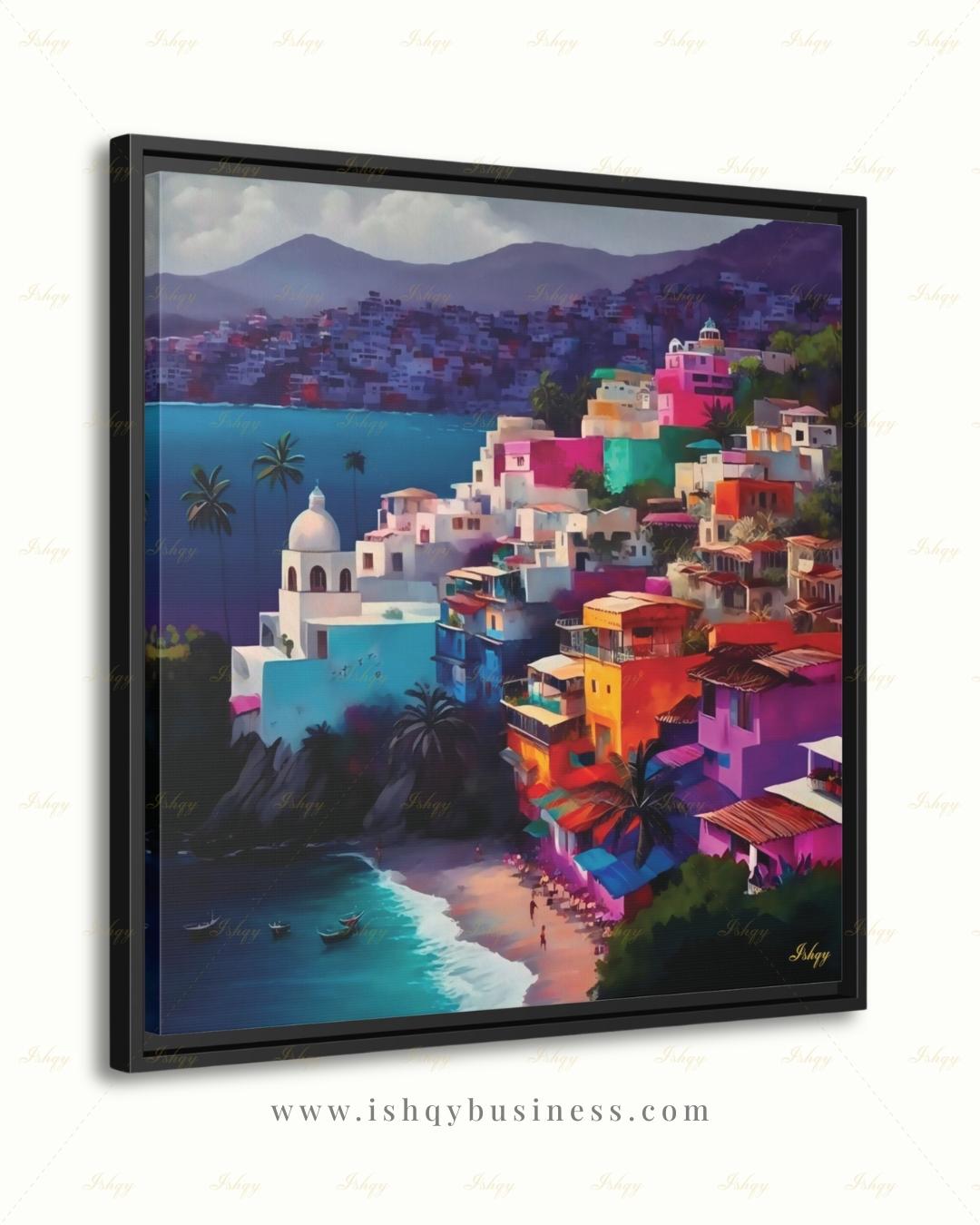 Acapulco Mexico Canvas Wall Art, Colorful Coastal Town Framed Canvas Print, Vibrant Mexican Beach Cityscape Oil Painting, Living Room Decor