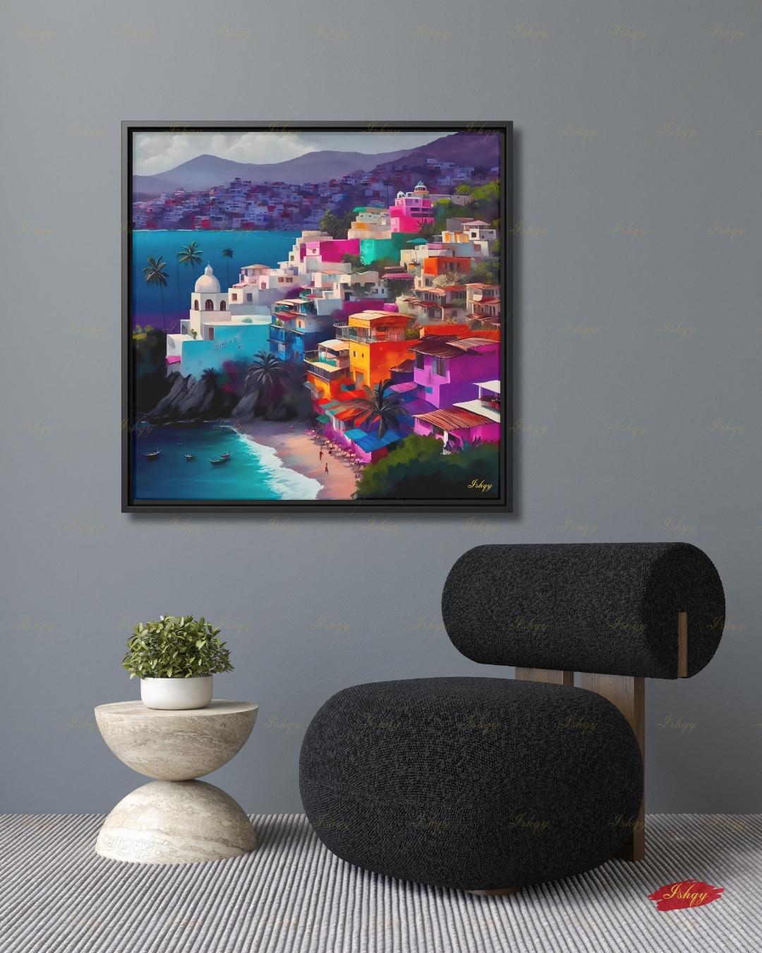 Acapulco Mexico Canvas Wall Art, Colorful Coastal Town Framed Canvas Print, Vibrant Mexican Beach Cityscape Oil Painting, Living Room Decor