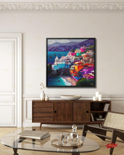 Acapulco Mexico Canvas Wall Art, Colorful Coastal Town Framed Canvas Print, Vibrant Mexican Beach Cityscape Oil Painting, Living Room Decor