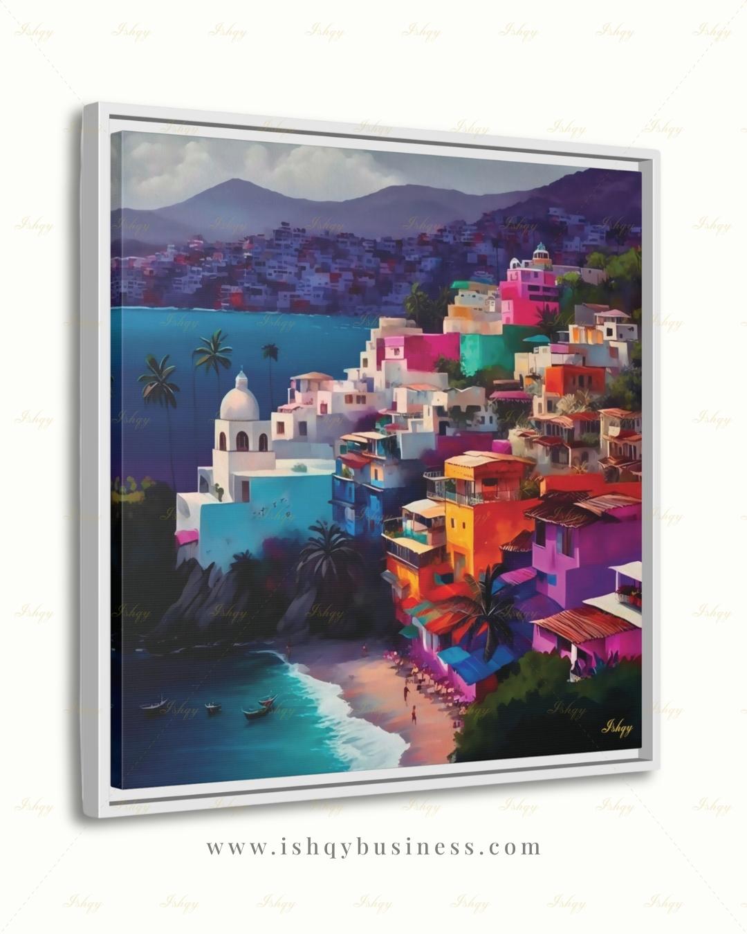 Acapulco Mexico Canvas Wall Art, Colorful Coastal Town Framed Canvas Print, Vibrant Mexican Beach Cityscape Oil Painting, Living Room Decor
