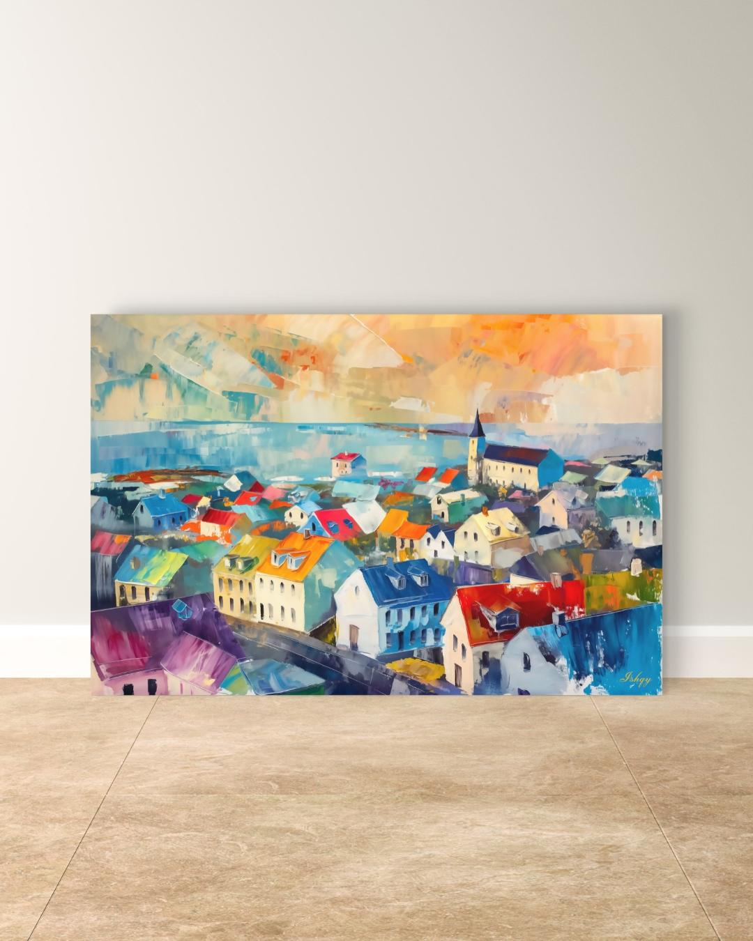 Reykjavik Wall Art, Iceland Cityscape Canvas, Colorful Nordic Rooftops Painting Print, Scandinavian Travel Home Decor Artwork