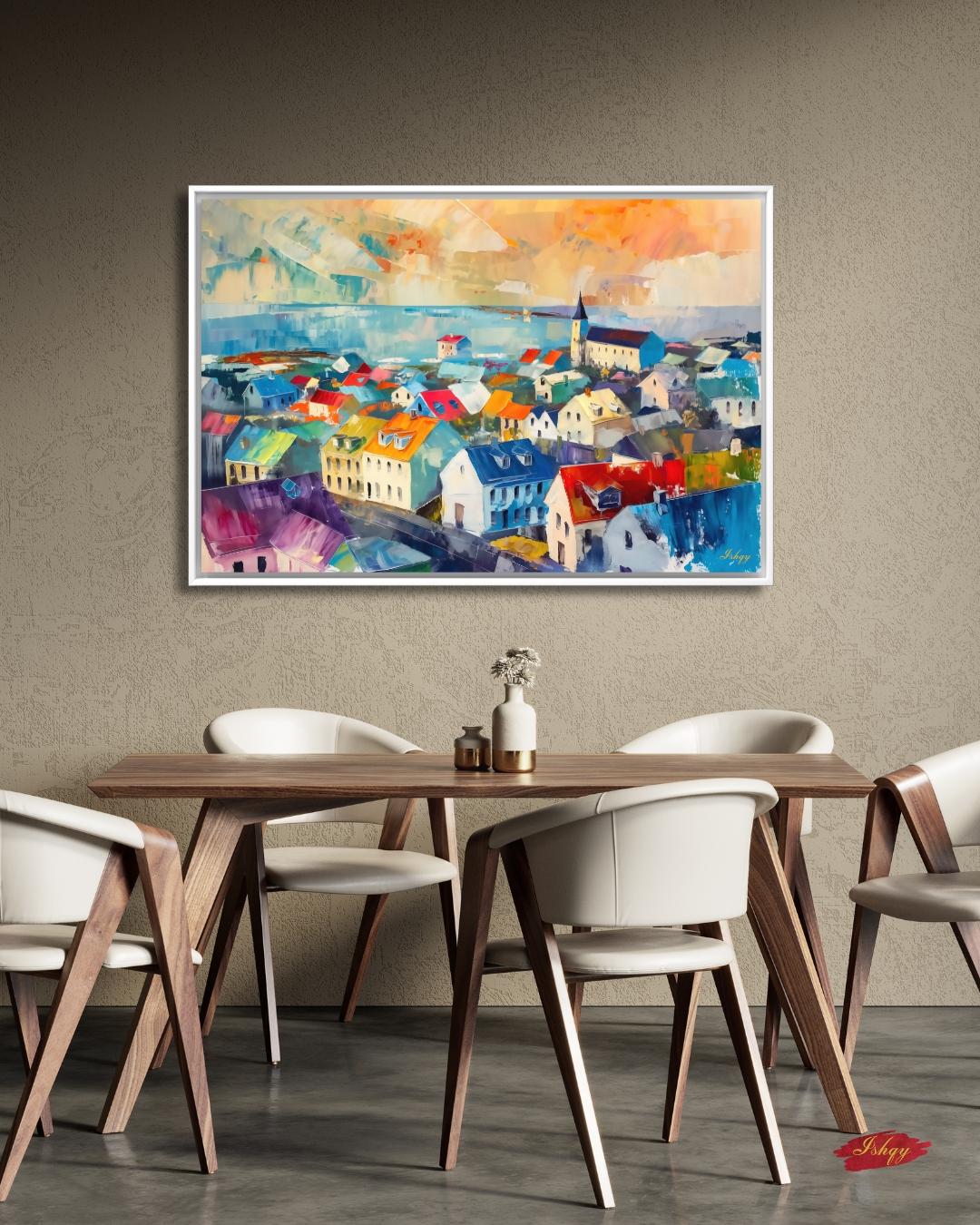 Reykjavik Wall Art, Iceland Cityscape Canvas, Colorful Nordic Rooftops Painting Print, Scandinavian Travel Home Decor Artwork