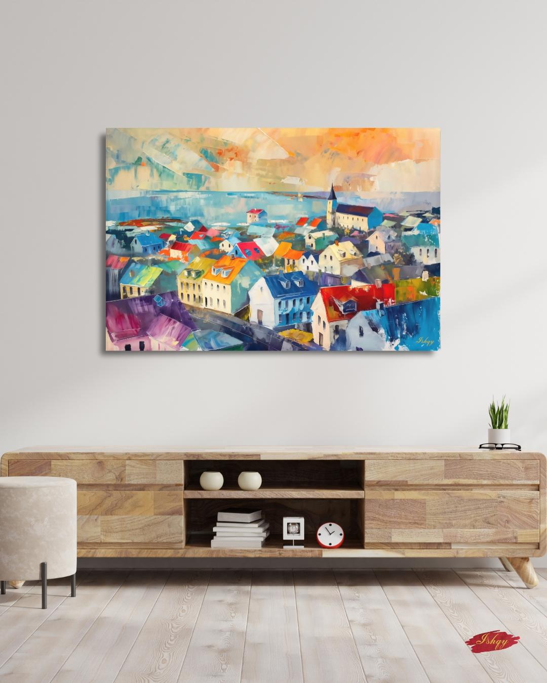 Reykjavik Wall Art, Iceland Cityscape Canvas, Colorful Nordic Rooftops Painting Print, Scandinavian Travel Home Decor Artwork