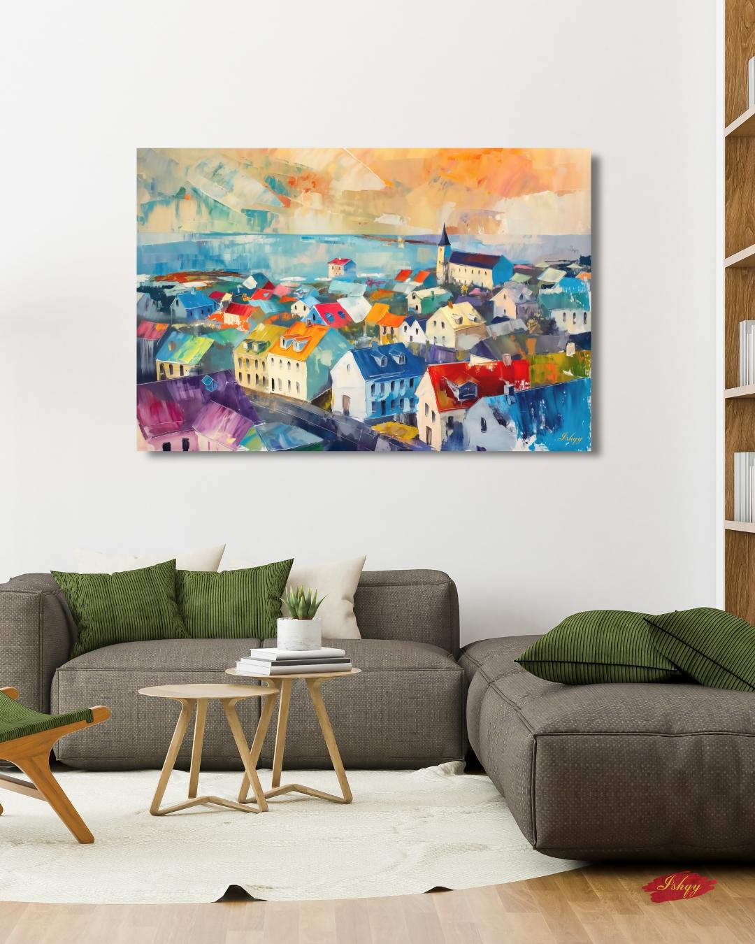 Reykjavik Wall Art, Iceland Cityscape Canvas, Colorful Nordic Rooftops Painting Print, Scandinavian Travel Home Decor Artwork