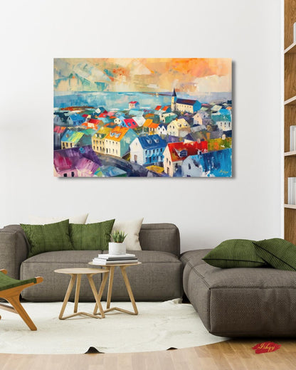 Reykjavik Wall Art, Iceland Cityscape Canvas, Colorful Nordic Rooftops Painting Print, Scandinavian Travel Home Decor Artwork