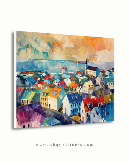Reykjavik Wall Art, Iceland Cityscape Canvas, Colorful Nordic Rooftops Painting Print, Scandinavian Travel Home Decor Artwork