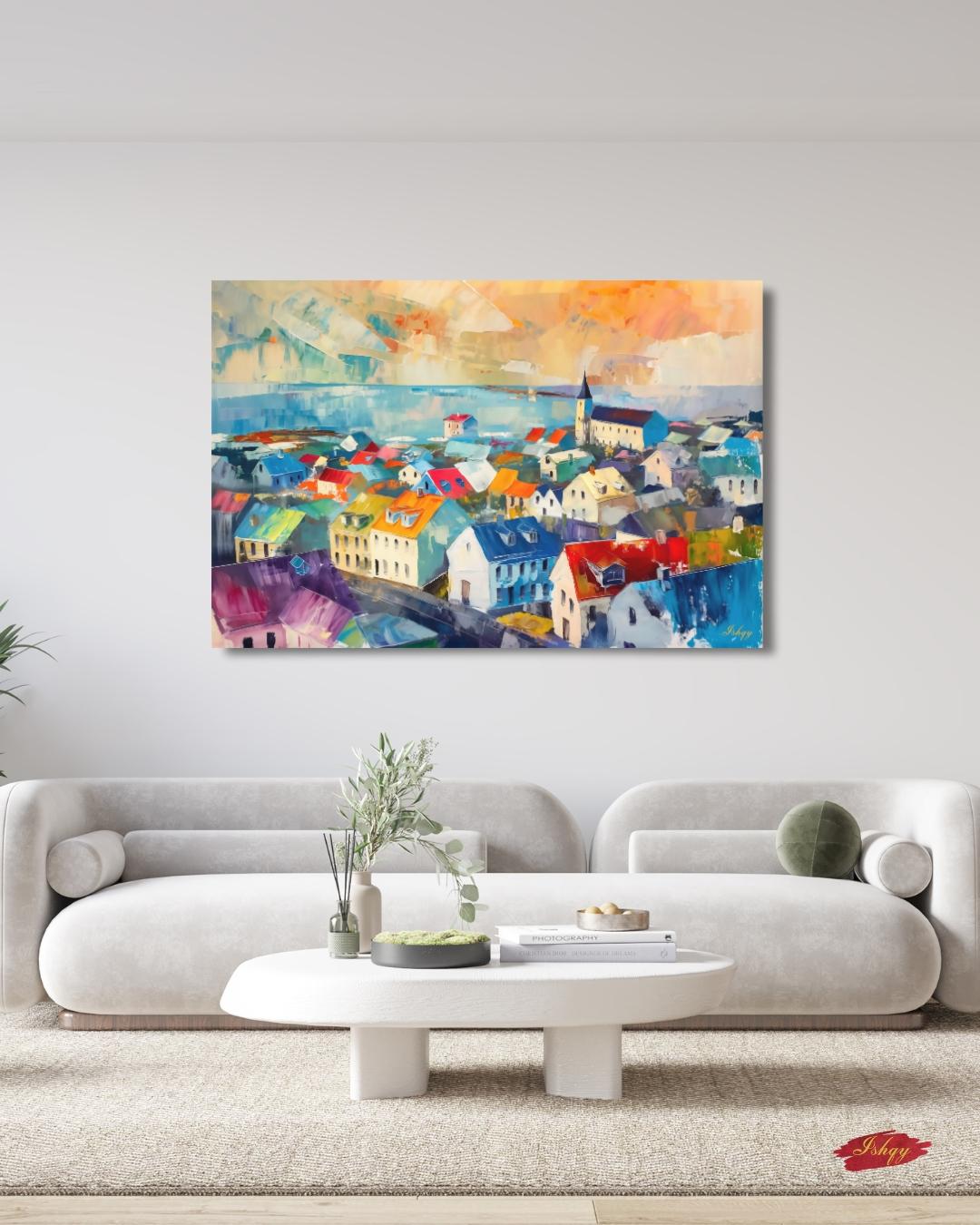 Reykjavik Wall Art, Iceland Cityscape Canvas, Colorful Nordic Rooftops Painting Print, Scandinavian Travel Home Decor Artwork