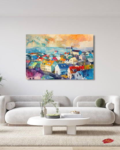 Reykjavik Wall Art, Iceland Cityscape Canvas, Colorful Nordic Rooftops Painting Print, Scandinavian Travel Home Decor Artwork