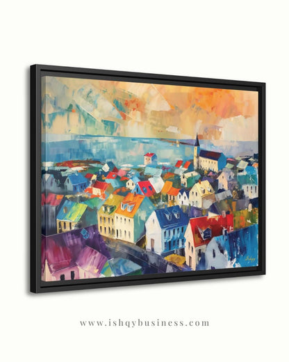 Reykjavik Wall Art, Iceland Cityscape Canvas, Colorful Nordic Rooftops Painting Print, Scandinavian Travel Home Decor Artwork