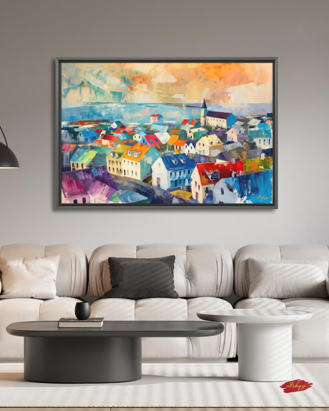 Reykjavik Wall Art, Iceland Cityscape Canvas, Colorful Nordic Rooftops Painting Print, Scandinavian Travel Home Decor Artwork