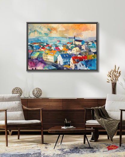 Reykjavik Wall Art, Iceland Cityscape Canvas, Colorful Nordic Rooftops Painting Print, Scandinavian Travel Home Decor Artwork