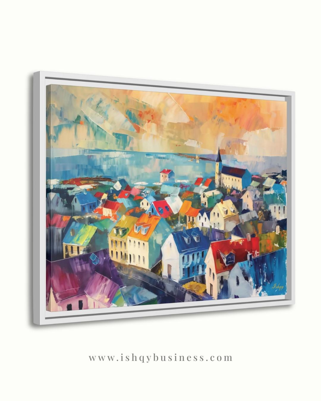 Reykjavik Wall Art, Iceland Cityscape Canvas, Colorful Nordic Rooftops Painting Print, Scandinavian Travel Home Decor Artwork