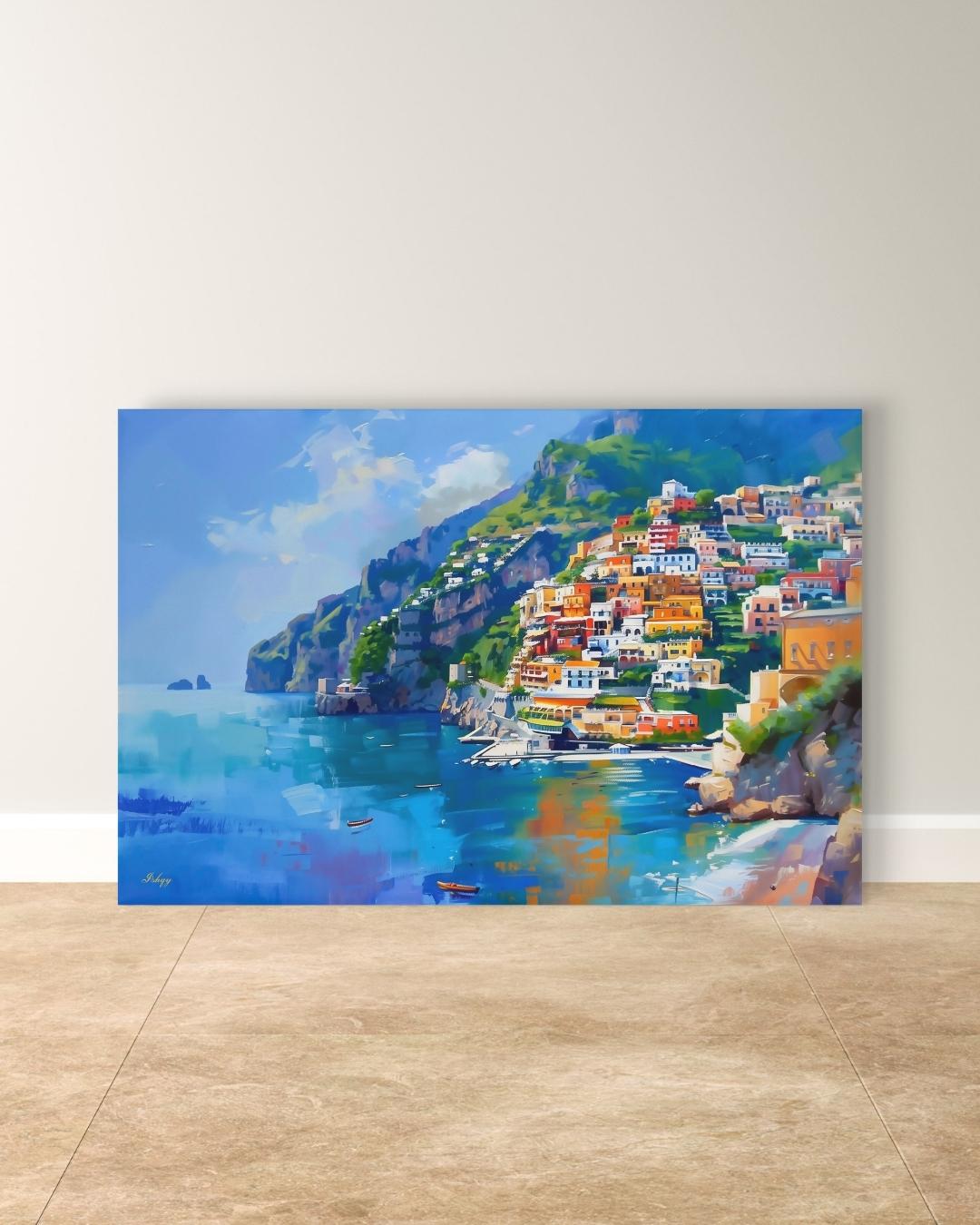 Amalfi Coast Italy Seaside Village Painting, Vibrant Mediterranean Coastal Wall Art Canvas, Italian Cliffside Town Ocean Print Home Decor