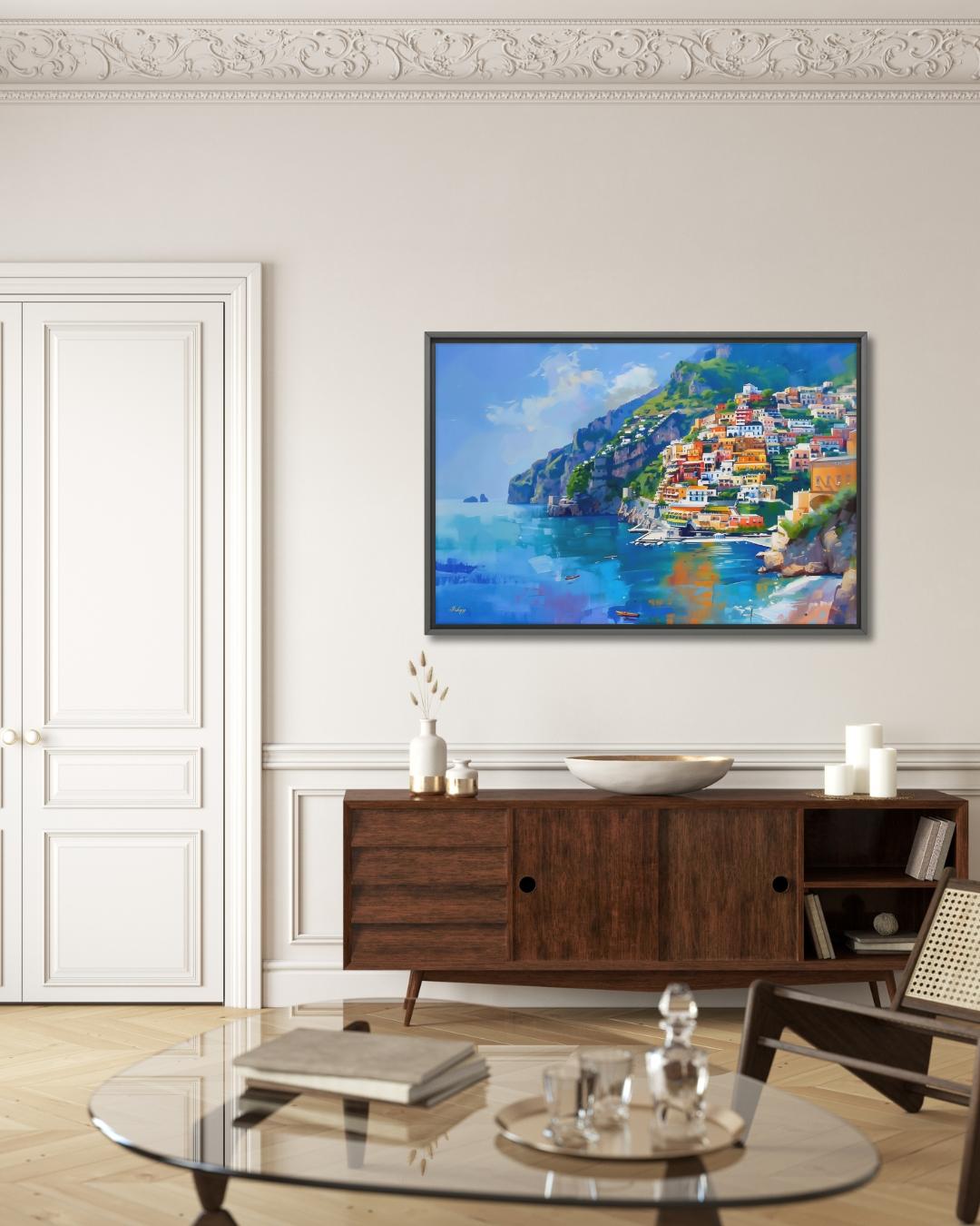 Amalfi Coast Italy Seaside Village Painting, Vibrant Mediterranean Coastal Wall Art Canvas, Italian Cliffside Town Ocean Print Home Decor