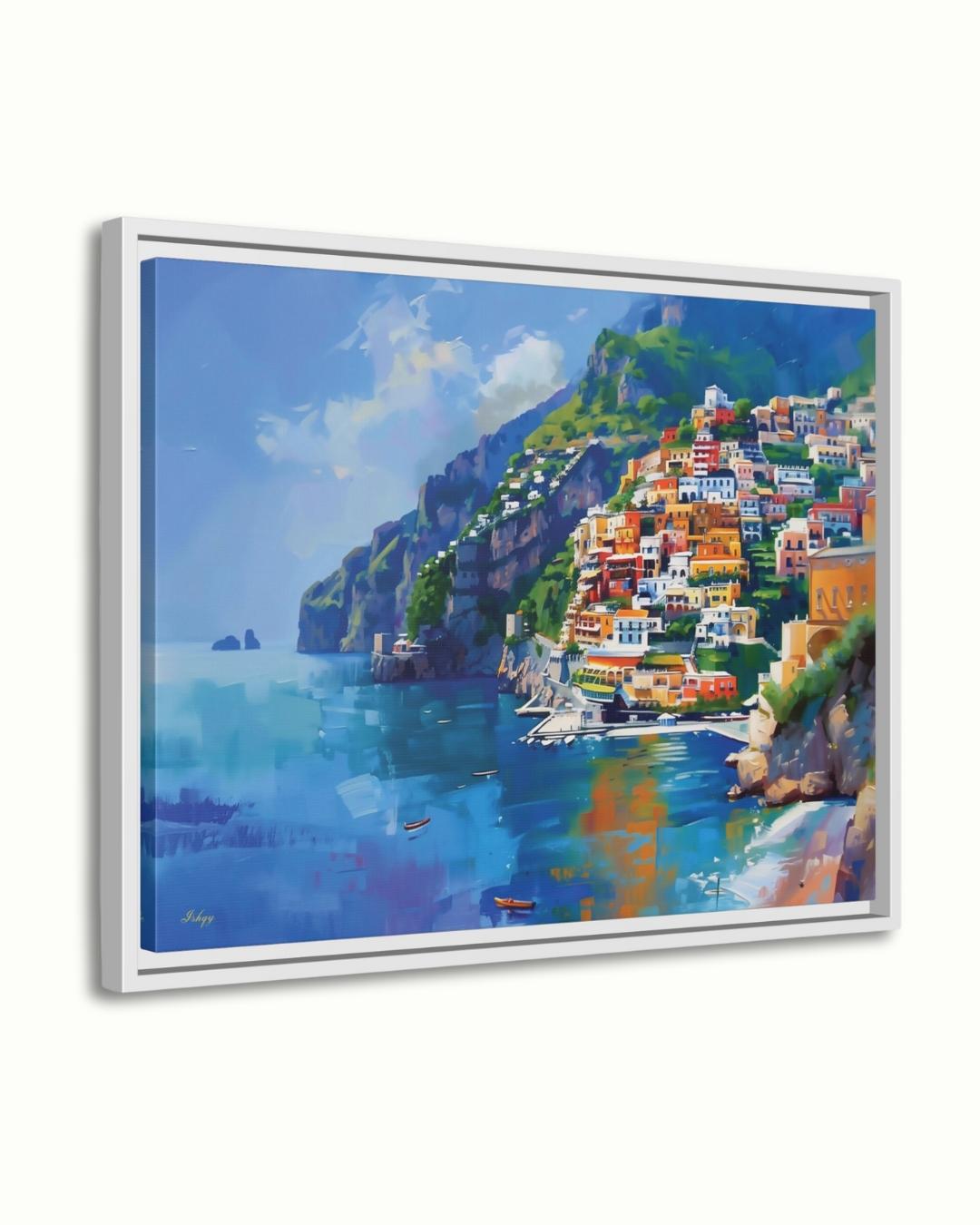 Amalfi Coast Italy Seaside Village Painting, Vibrant Mediterranean Coastal Wall Art Canvas, Italian Cliffside Town Ocean Print Home Decor
