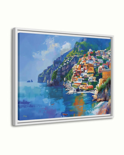 Amalfi Coast Italy Seaside Village Painting, Vibrant Mediterranean Coastal Wall Art Canvas, Italian Cliffside Town Ocean Print Home Decor