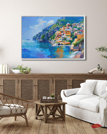 Amalfi Coast Italy Seaside Village Painting, Vibrant Mediterranean Coastal Wall Art Canvas, Italian Cliffside Town Ocean Print Home Decor