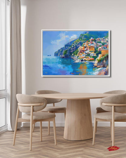 Amalfi Coast Italy Seaside Village Painting, Vibrant Mediterranean Coastal Wall Art Canvas, Italian Cliffside Town Ocean Print Home Decor