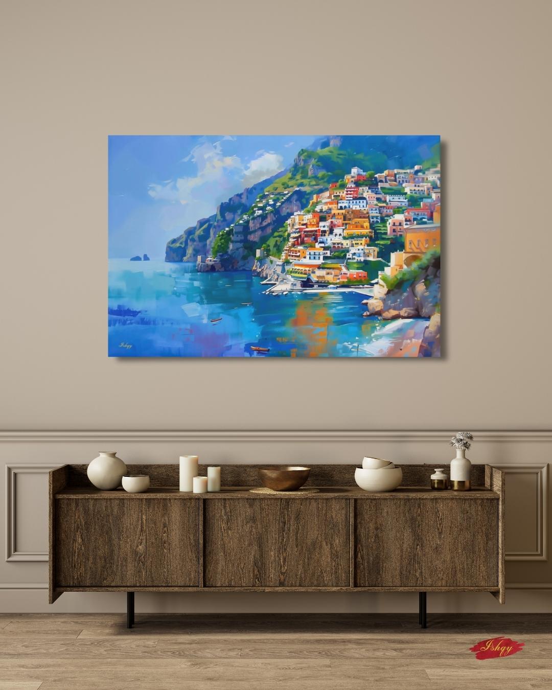 Amalfi Coast Italy Seaside Village Painting, Vibrant Mediterranean Coastal Wall Art Canvas, Italian Cliffside Town Ocean Print Home Decor