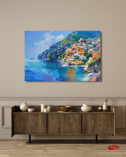 Amalfi Coast Italy Seaside Village Painting, Vibrant Mediterranean Coastal Wall Art Canvas, Italian Cliffside Town Ocean Print Home Decor