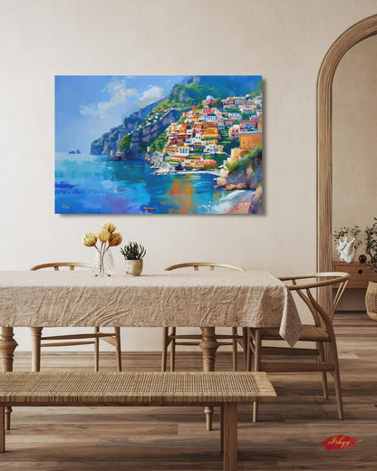 Amalfi Coast Italy Seaside Village Painting, Vibrant Mediterranean Coastal Wall Art Canvas, Italian Cliffside Town Ocean Print Home Decor