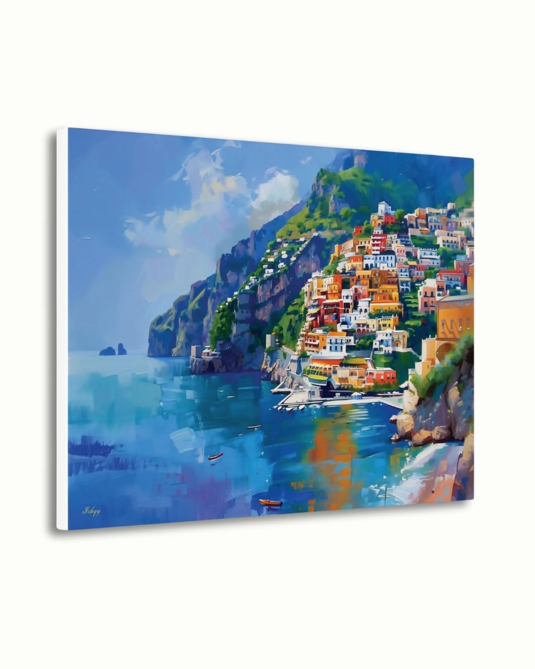 Amalfi Coast Italy Seaside Village Painting, Vibrant Mediterranean Coastal Wall Art Canvas, Italian Cliffside Town Ocean Print Home Decor