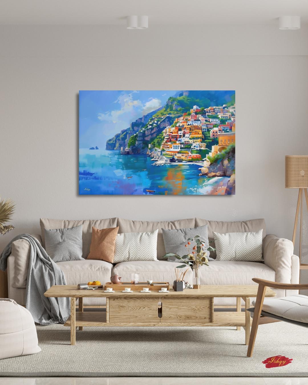 Amalfi Coast Italy Seaside Village Painting, Vibrant Mediterranean Coastal Wall Art Canvas, Italian Cliffside Town Ocean Print Home Decor