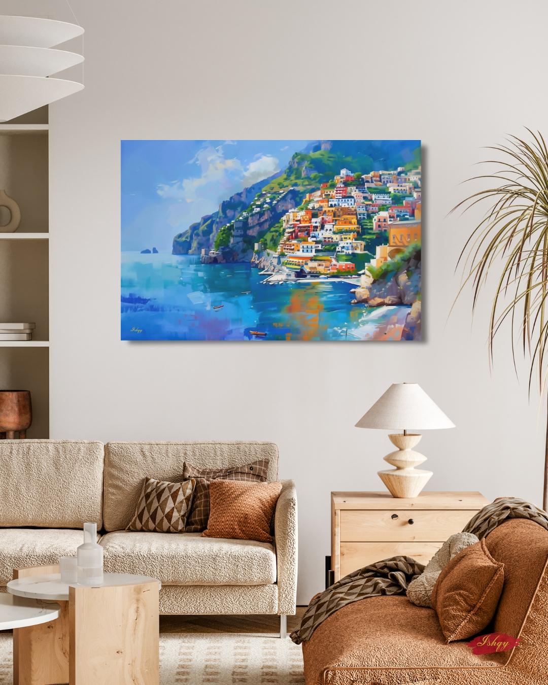 Amalfi Coast Italy Seaside Village Painting, Vibrant Mediterranean Coastal Wall Art Canvas, Italian Cliffside Town Ocean Print Home Decor