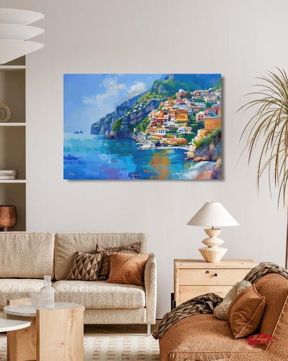 Amalfi Coast Italy Seaside Village Painting, Vibrant Mediterranean Coastal Wall Art Canvas, Italian Cliffside Town Ocean Print Home Decor