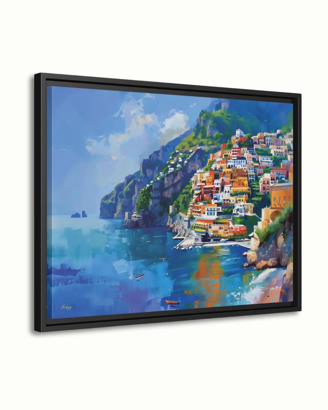 Amalfi Coast Italy Seaside Village Painting, Vibrant Mediterranean Coastal Wall Art Canvas, Italian Cliffside Town Ocean Print Home Decor