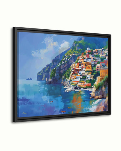 Amalfi Coast Italy Seaside Village Painting, Vibrant Mediterranean Coastal Wall Art Canvas, Italian Cliffside Town Ocean Print Home Decor