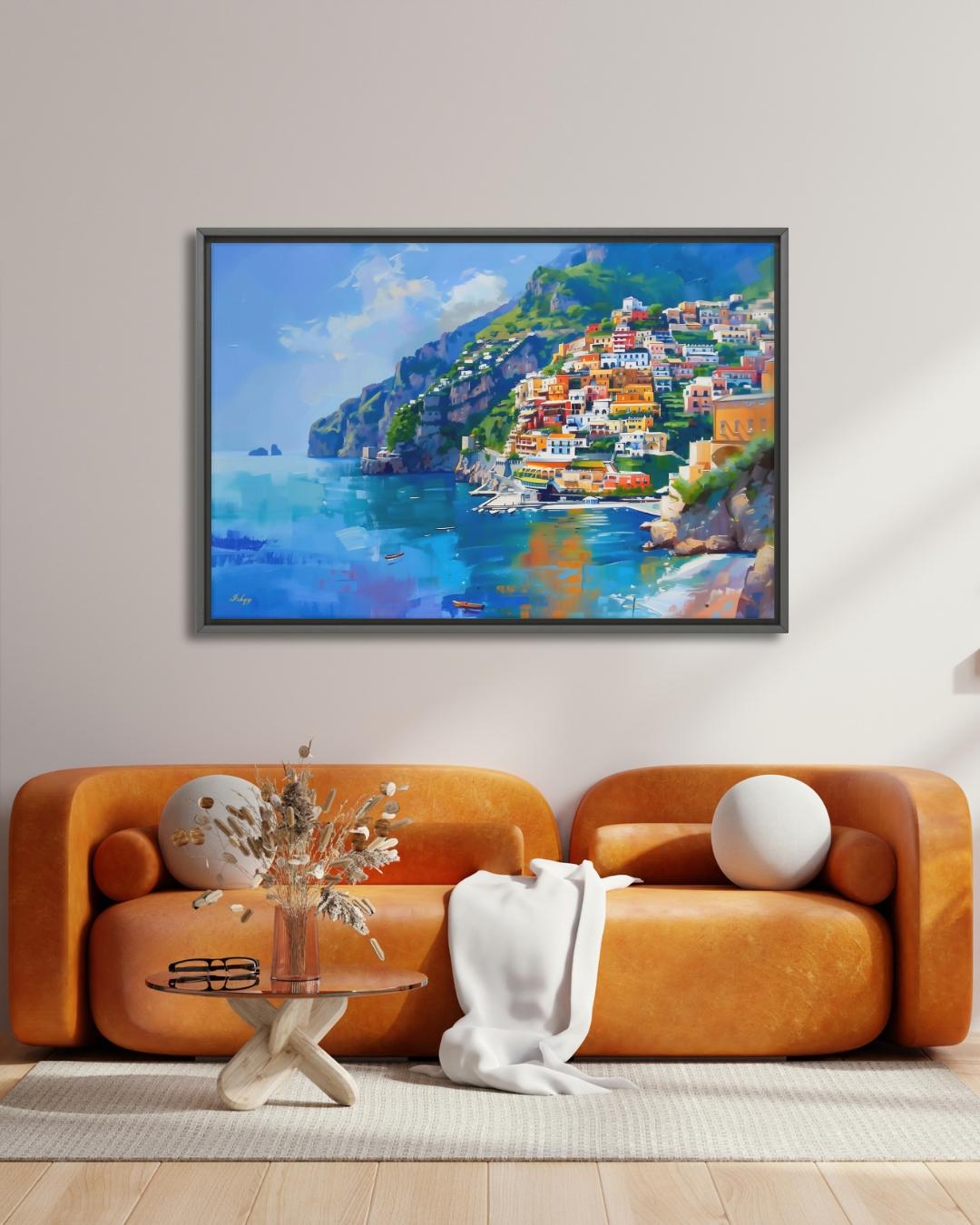 Amalfi Coast Italy Seaside Village Painting, Vibrant Mediterranean Coastal Wall Art Canvas, Italian Cliffside Town Ocean Print Home Decor