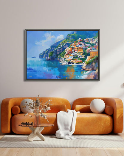 Amalfi Coast Italy Seaside Village Painting, Vibrant Mediterranean Coastal Wall Art Canvas, Italian Cliffside Town Ocean Print Home Decor