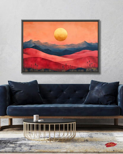 Red Desert Landscape Wall Art Print, Sunset Canvas with Mountains and Golden Sun, Modern Nature Painting, Framed Canvas Home Decor