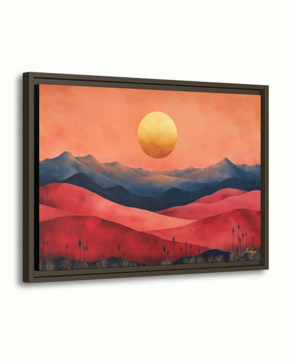 Red Desert Landscape Wall Art Print, Sunset Canvas with Mountains and Golden Sun, Modern Nature Painting, Framed Canvas Home Decor
