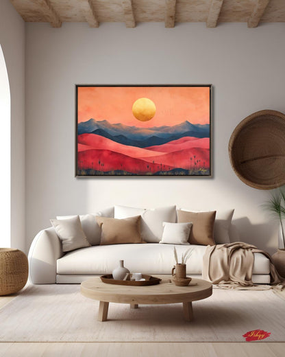 Red Desert Landscape Wall Art Print, Sunset Canvas with Mountains and Golden Sun, Modern Nature Painting, Framed Canvas Home Decor