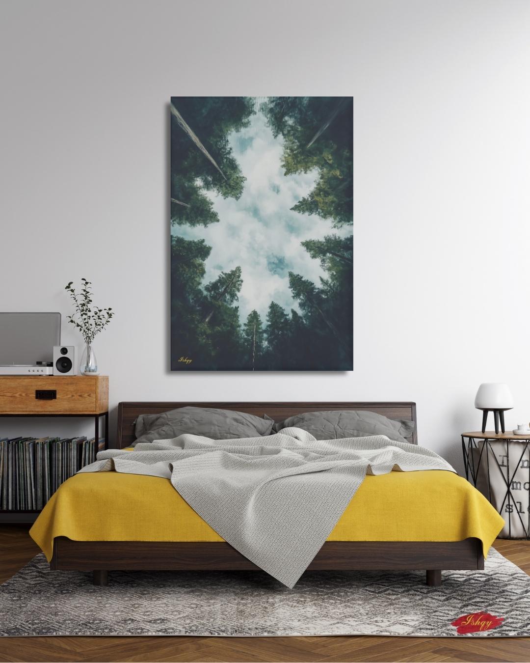 Forest Wall Art, Looking Up Trees Print, Redwood Canopy Canvas, Moody Nature Landscape, Pine Tree Sky View, Large Wall Decor Gift, Cabin Art