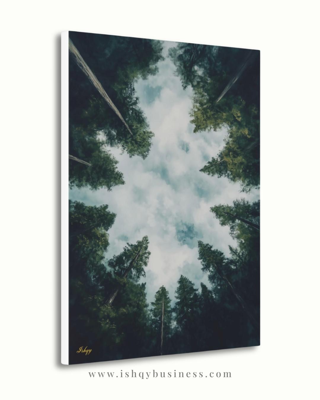 Forest Wall Art, Looking Up Trees Print, Redwood Canopy Canvas, Moody Nature Landscape, Pine Tree Sky View, Large Wall Decor Gift, Cabin Art