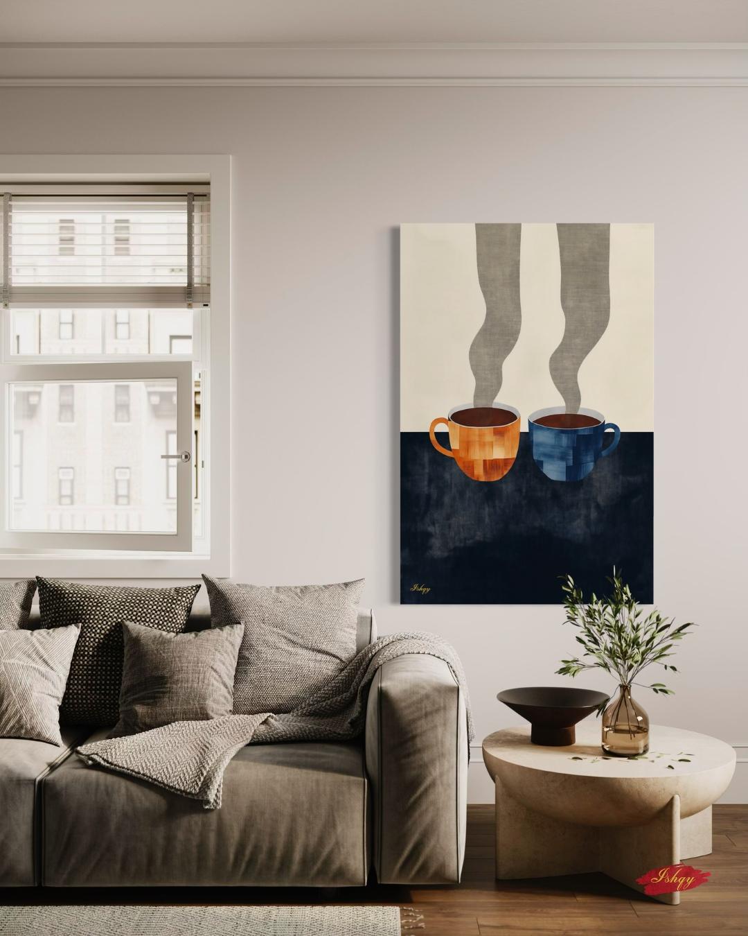 Coffee Cup Wall Art Print Canvas Framed Canvas Minimalist Abstract Kitchen Coffee Bar Decor Modern Dining Room Artwork Steam Mug Painting