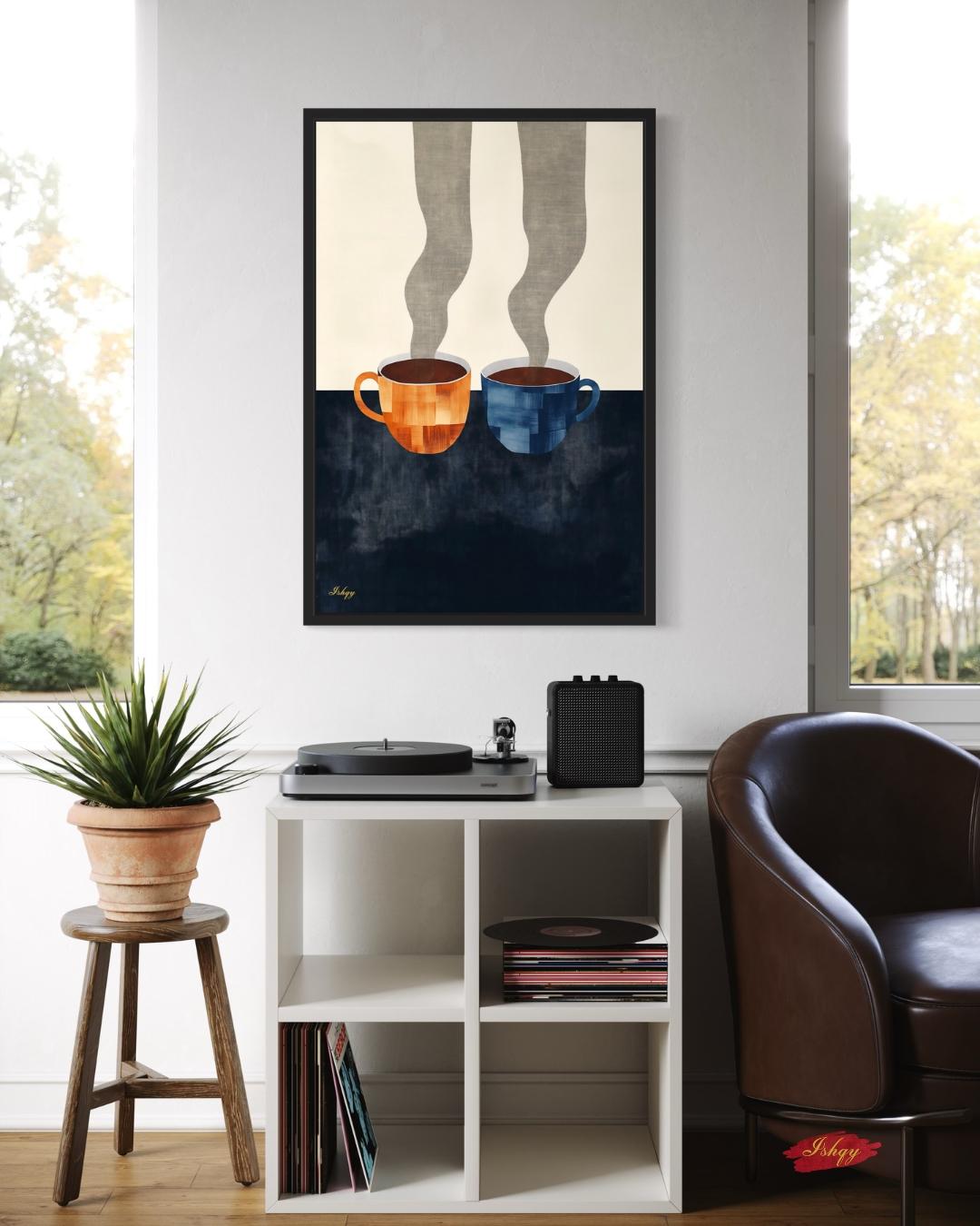 Coffee Cup Wall Art Print Canvas Framed Canvas Minimalist Abstract Kitchen Coffee Bar Decor Modern Dining Room Artwork Steam Mug Painting