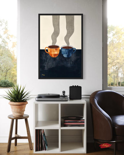 Coffee Cup Wall Art Print Canvas Framed Canvas Minimalist Abstract Kitchen Coffee Bar Decor Modern Dining Room Artwork Steam Mug Painting
