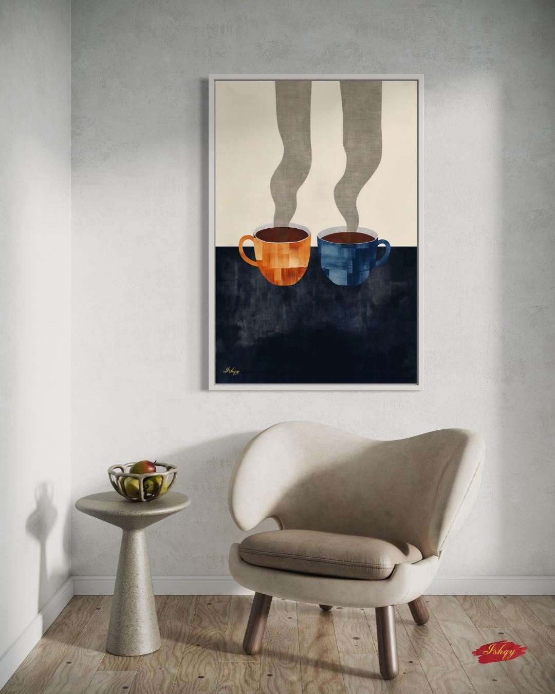Coffee Cup Wall Art Print Canvas Framed Canvas Minimalist Abstract Kitchen Coffee Bar Decor Modern Dining Room Artwork Steam Mug Painting